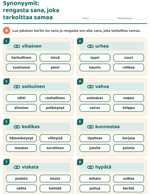 Esikatselu: Synonyymit-tehtäväarkki, 2. luokka