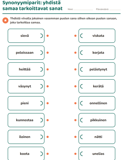 Esikatselu: Synonyymit-tehtäväarkki, 2. luokka