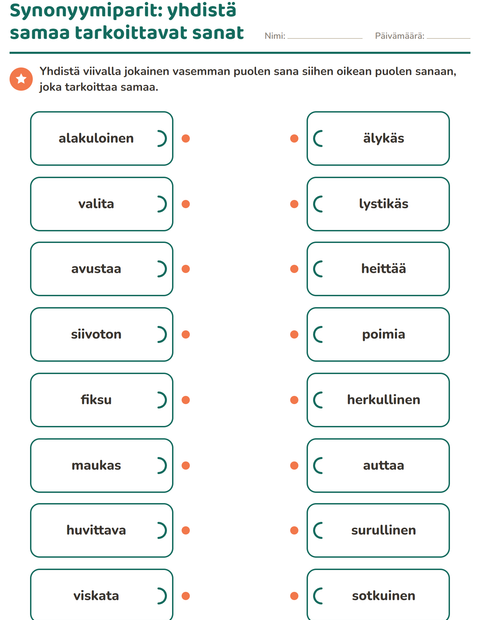 Esikatselu: Synonyymit-tehtäväarkki, 2. luokka