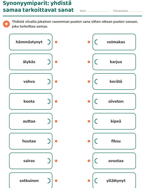 Esikatselu: Synonyymit-tehtäväarkki, 2. luokka