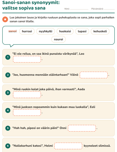 Esikatselu: Synonyymit-tehtäväarkki, 2. luokka