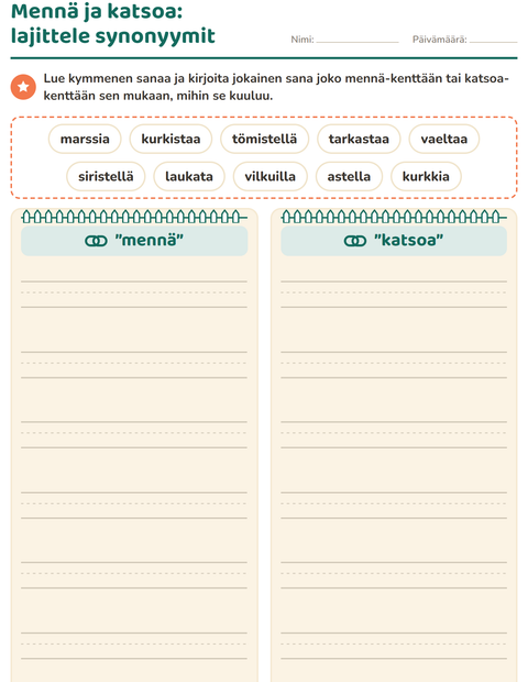 Esikatselu: Synonyymit-tehtäväarkki, 3. luokka