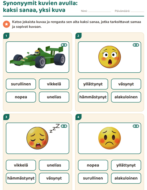 Esikatselu: Synonyymit-tehtäväarkki, 1. luokka