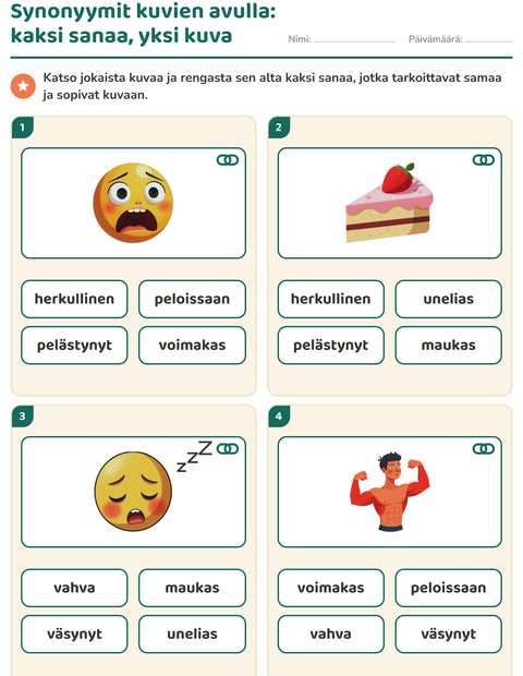 Esikatselu: Synonyymit-tehtäväarkki, 1. luokka