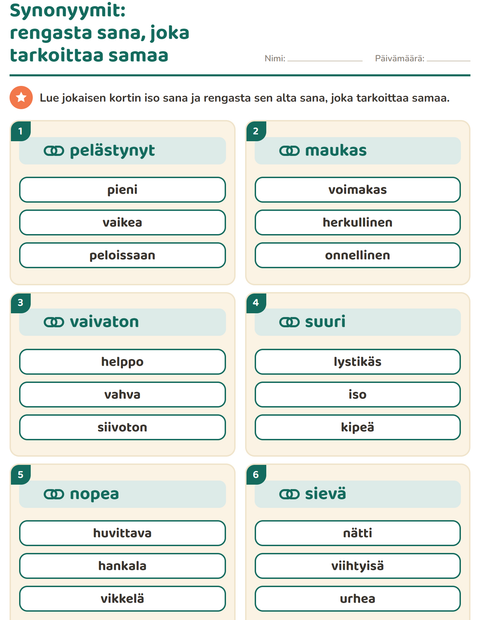 Esikatselu: Synonyymit-tehtäväarkki, 2. luokka