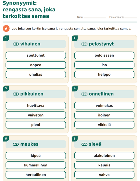 Esikatselu: Synonyymit-tehtäväarkki, 2. luokka