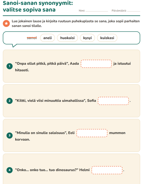 Esikatselu: Synonyymit-tehtäväarkki, 2. luokka