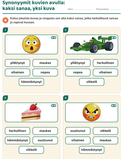 Esikatselu: Synonyymit-tehtäväarkki, 1. luokka