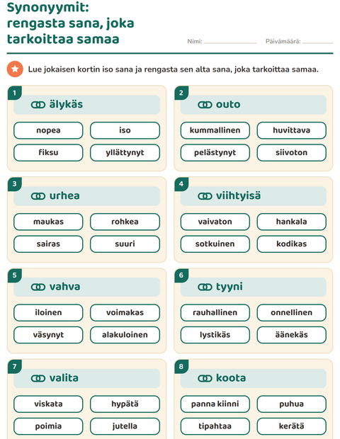 Esikatselu: Synonyymit-tehtäväarkki, 2. luokka