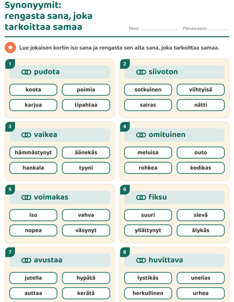 Esikatselu: Synonyymit-tehtäväarkki, 2. luokka