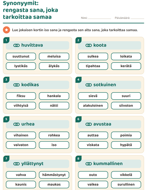 Esikatselu: Synonyymit-tehtäväarkki, 2. luokka