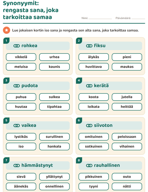 Esikatselu: Synonyymit-tehtäväarkki, 2. luokka