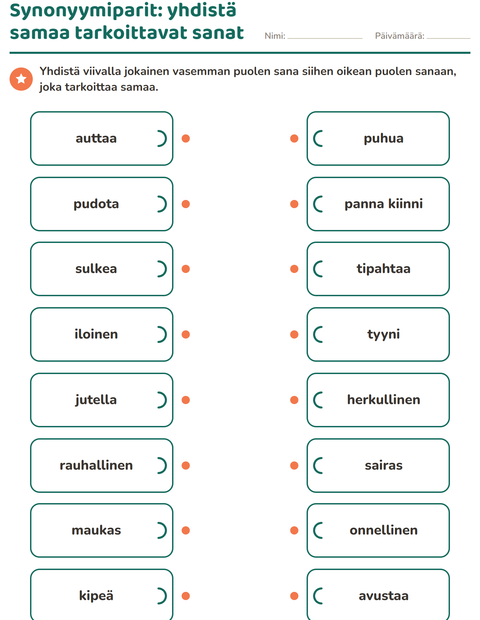 Esikatselu: Synonyymit-tehtäväarkki, 2. luokka