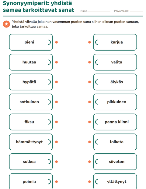 Esikatselu: Synonyymit-tehtäväarkki, 2. luokka