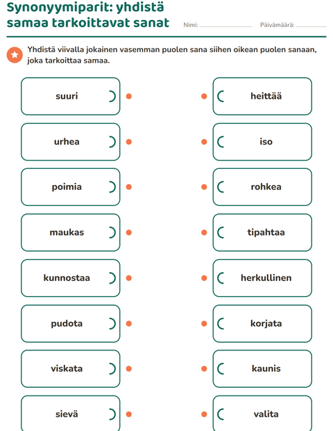 Esikatselu: Synonyymit-tehtäväarkki, 2. luokka