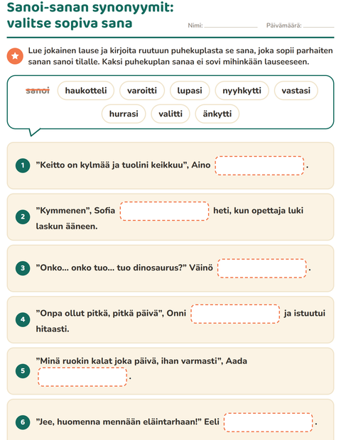 Esikatselu: Synonyymit-tehtäväarkki, 2. luokka