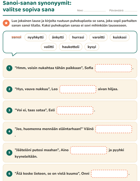 Esikatselu: Synonyymit-tehtäväarkki, 2. luokka