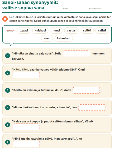 Esikatselu: Synonyymit-tehtäväarkki, 2. luokka