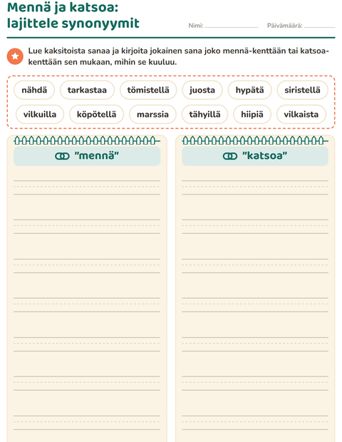 Esikatselu: Synonyymit-tehtäväarkki, 3. luokka