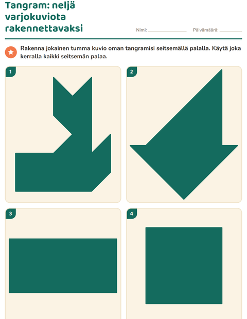 Tangram: neljä varjokuviota rakennettavaksi