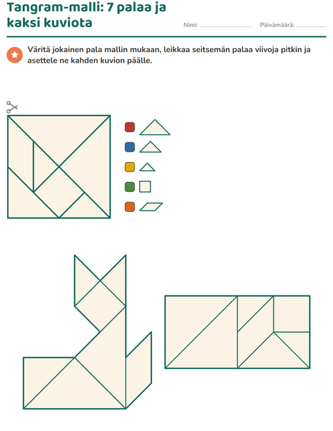 Tangram: seitsemän palaa ja kaksi kuviota