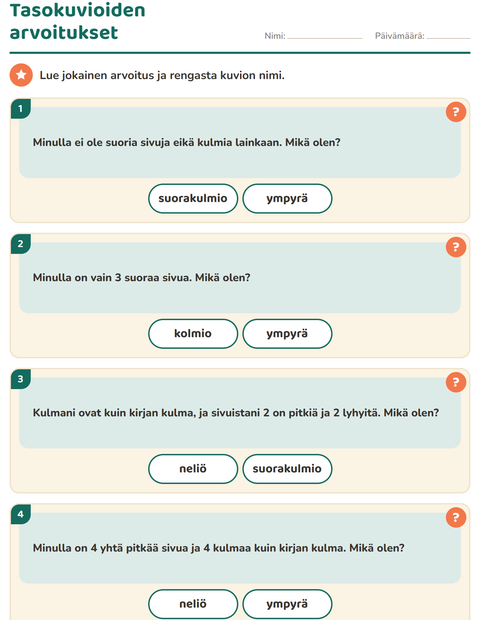 Esikatselu: Tasokuviot-tehtäväarkki, 1. luokka