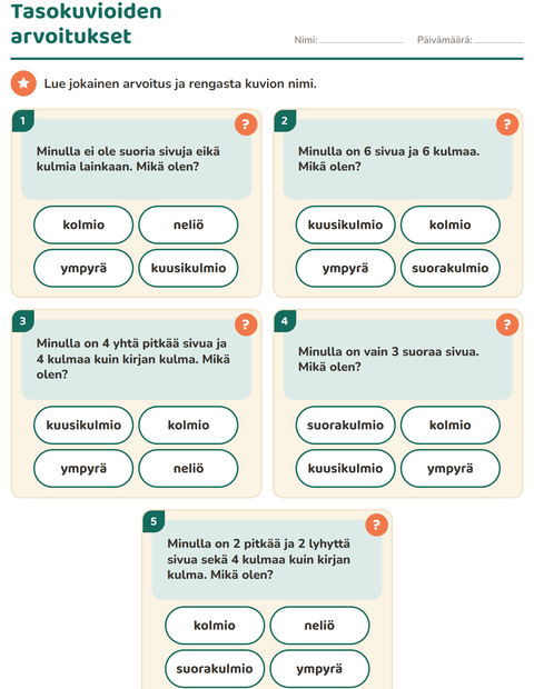 Esikatselu: Tasokuviot-tehtäväarkki, 1. luokka