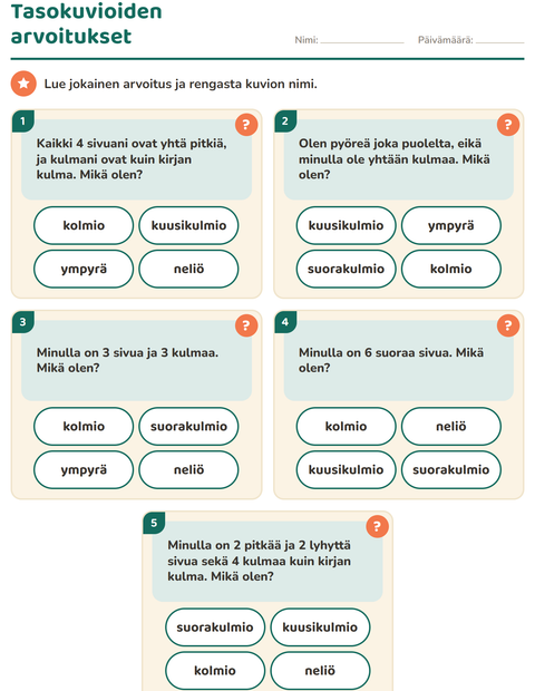 Esikatselu: Tasokuviot-tehtäväarkki, 1. luokka