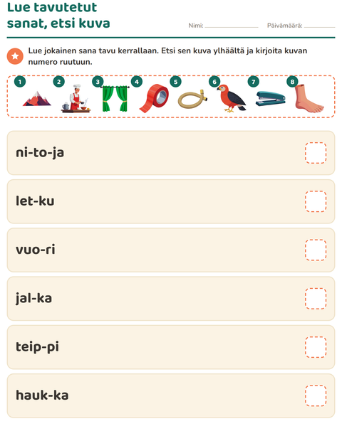 Esikatselu: Tavutaulukko-tehtäväarkki, 1. luokka