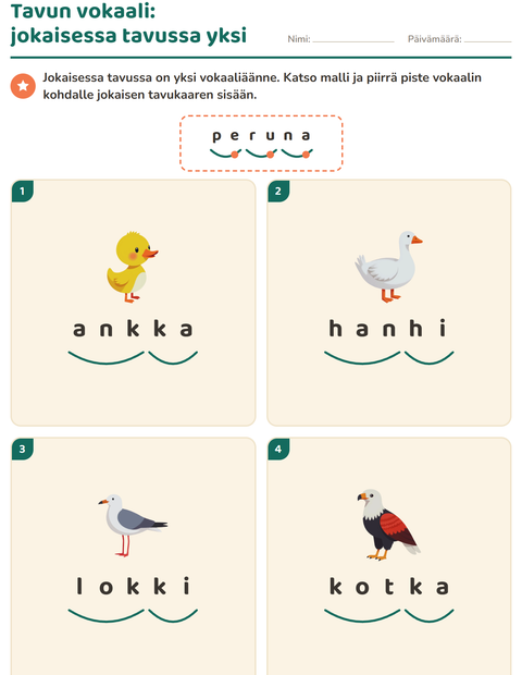 Esikatselu: Tavutus-tehtäväarkki, aiheena Lentävät asiat, 1. luokka