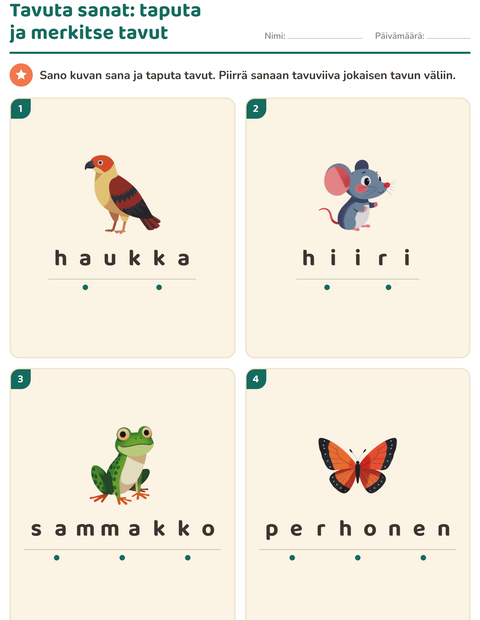 Esikatselu: Tavutus-tehtäväarkki, aiheena Metsän eläimet, 1. luokka