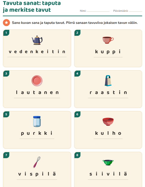 Esikatselu: Tavutus-tehtäväarkki, aiheena Keittiövälineet, 1. luokka