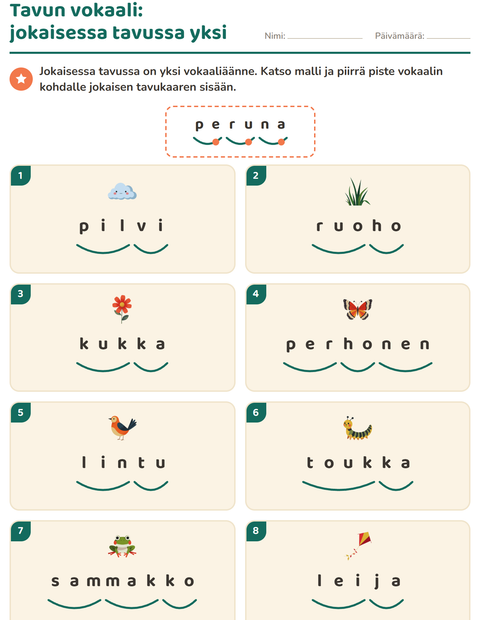 Esikatselu: Tavutus-tehtäväarkki, aiheena Kevät, 1. luokka