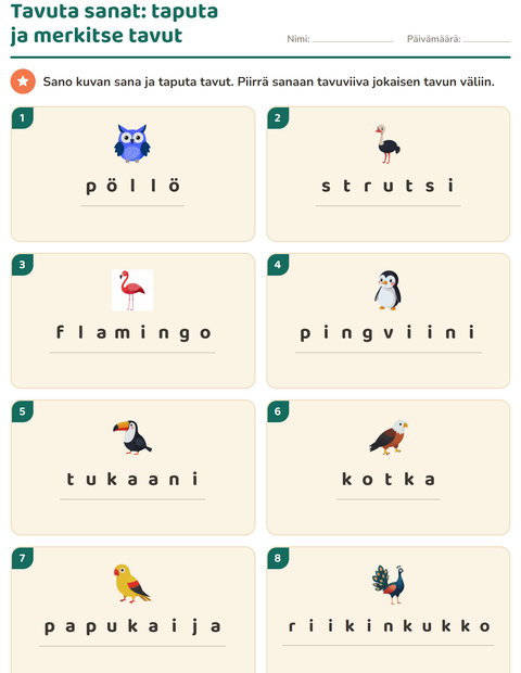 Esikatselu: Tavutus-tehtäväarkki, aiheena Linnut, 1. luokka