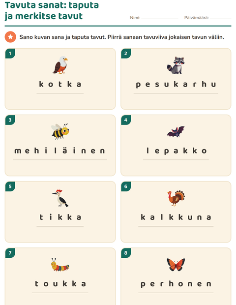 Esikatselu: Tavutus-tehtäväarkki, aiheena Metsän eläimet, 1. luokka