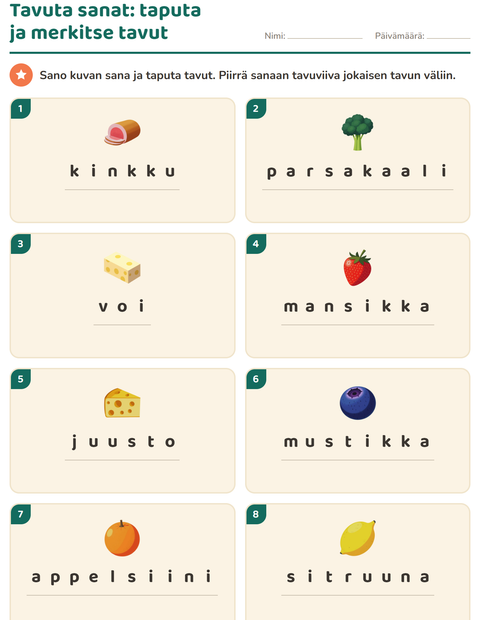 Esikatselu: Tavutus-tehtäväarkki, aiheena Ruokakaupassa, 1. luokka