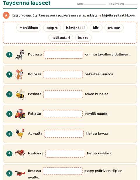Esikatselu: Täydennä lauseet-tehtäväarkki, 1. luokka