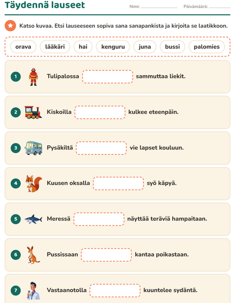 Esikatselu: Täydennä lauseet-tehtäväarkki, 1. luokka