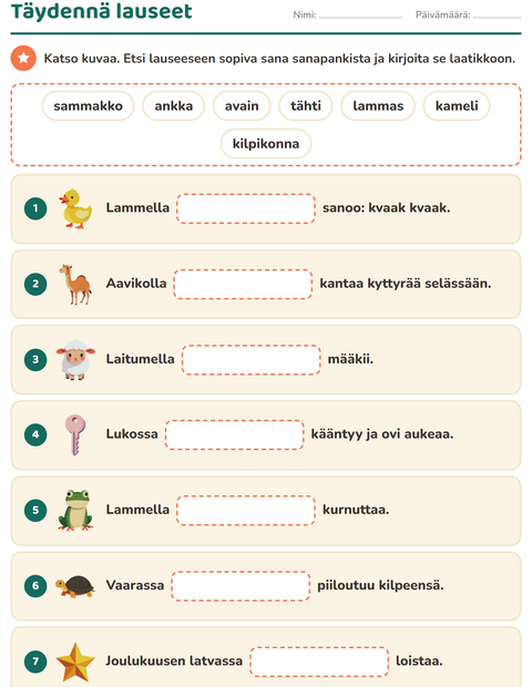 Esikatselu: Täydennä lauseet-tehtäväarkki, 1. luokka