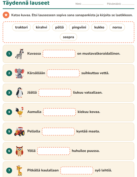 Täydennä lauseet: etsi sana sanapankista