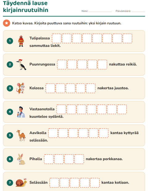 Esikatselu: Täydennä lauseet-tehtäväarkki, 1. luokka