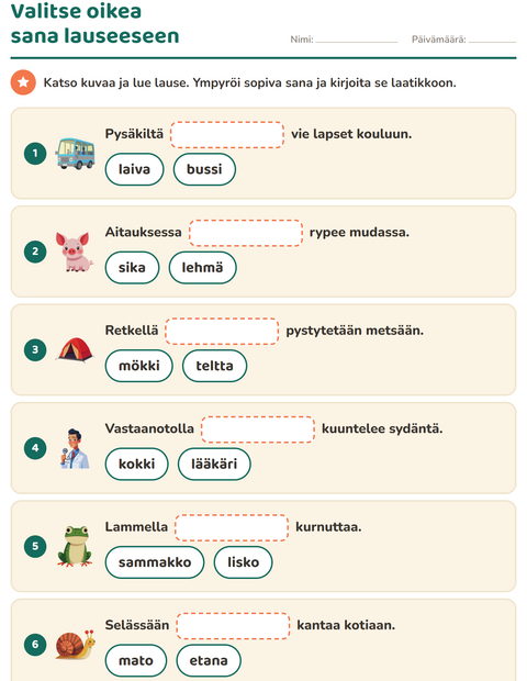 Esikatselu: Täydennä lauseet-tehtäväarkki, 1. luokka