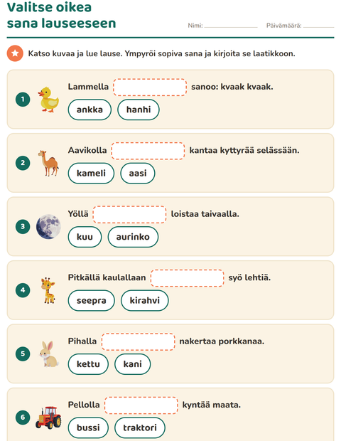 Esikatselu: Täydennä lauseet-tehtäväarkki, 1. luokka