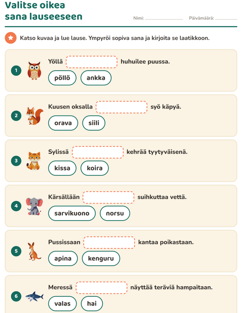 Esikatselu: Täydennä lauseet-tehtäväarkki, 1. luokka