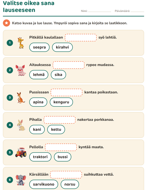 Valitse oikea sana lauseeseen kahdesta