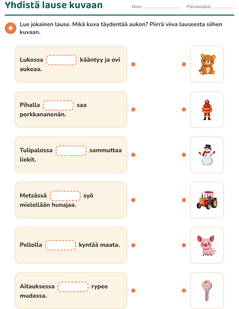 Esikatselu: Täydennä lauseet-tehtäväarkki, 1. luokka