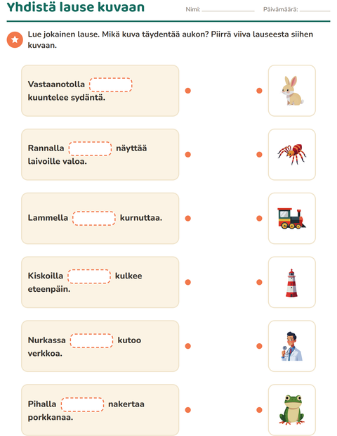 Esikatselu: Täydennä lauseet-tehtäväarkki, 1. luokka