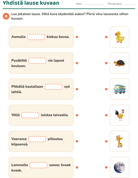 Esikatselu: Täydennä lauseet-tehtäväarkki, 1. luokka