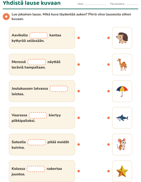 Esikatselu: Täydennä lauseet-tehtäväarkki, 1. luokka