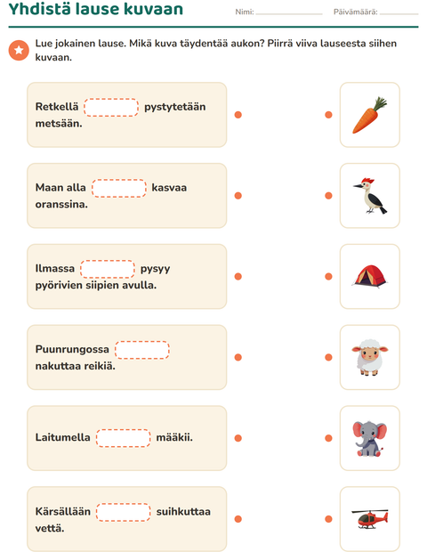 Esikatselu: Täydennä lauseet-tehtäväarkki, 1. luokka